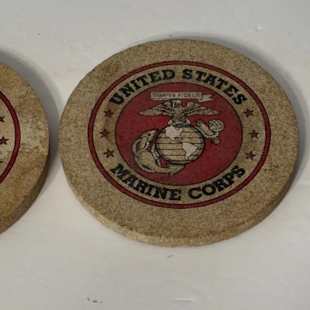 USMC Stone Drink Coasters Set of Two Marine Corps Military Memorabilia